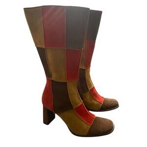 VTG Y2K Brown Red Patchwork Suede Mid Calf Boot Square Toe Heeled Zip Size 8M